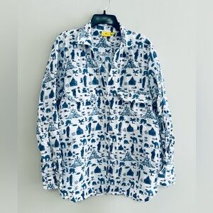 Roberta Roller Rabbit Women’s 100% Linen ‘Guy’ Button Down Shirt, Blue White, XL